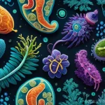 Home 15 저탄수화물 식단과 장 건강 - **Prompt:** A visually rich and fantastical microscopic world depicting the "gut microbiome orchestr...