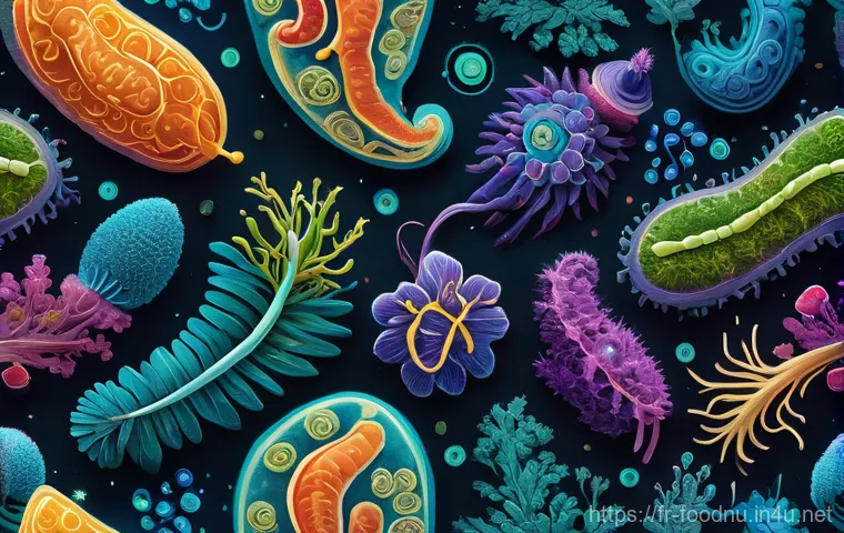 저탄수화물 식단과 장 건강 - **Prompt:** A visually rich and fantastical microscopic world depicting the "gut microbiome orchestr...