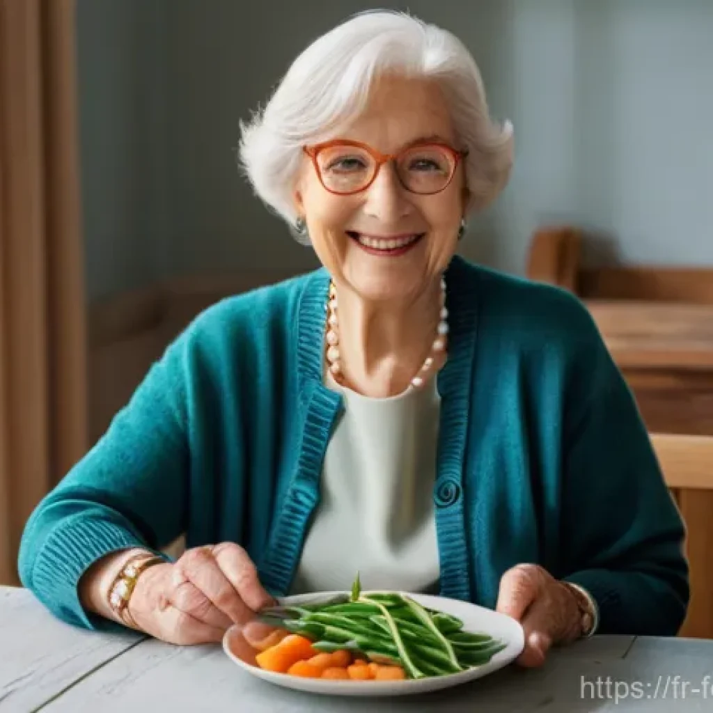 노인 영양 관리 - "A cheerful elderly woman, dressed in a comfortable yet stylish cardigan and modest skirt, is seated...