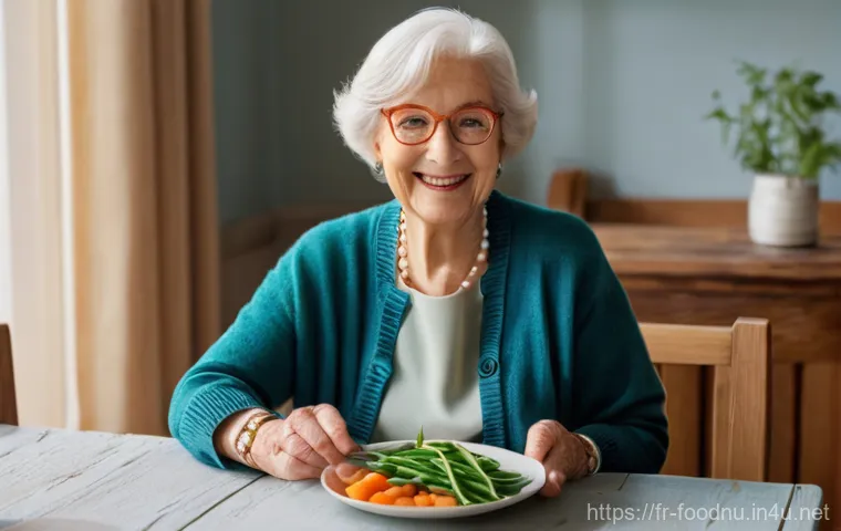 노인 영양 관리 - "A cheerful elderly woman, dressed in a comfortable yet stylish cardigan and modest skirt, is seated...