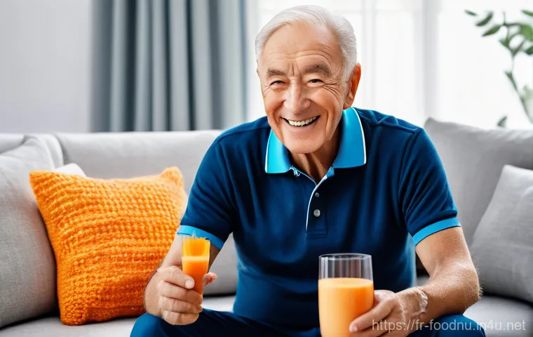 노인 영양 관리 - "A cheerful elderly woman, dressed in a comfortable yet stylish cardigan and modest skirt, is seated...