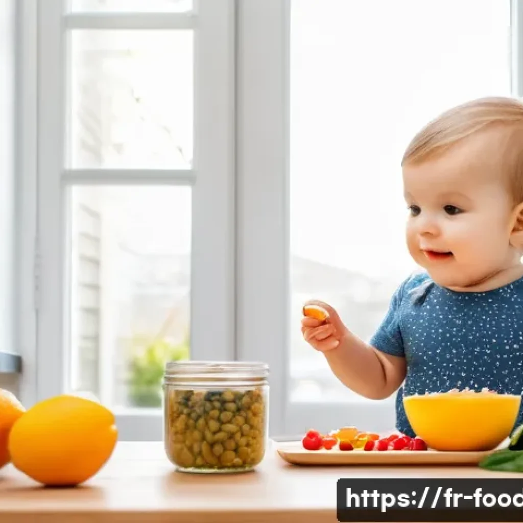 유아기 두뇌 발달과 영양 - A bright and cheerful kitchen scene in a modern French home, featuring a toddler wearing a colorful ...