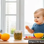유아기 두뇌 발달과 영양 - A bright and cheerful kitchen scene in a modern French home, featuring a toddler wearing a colorful ...