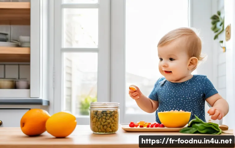 유아기 두뇌 발달과 영양 - A bright and cheerful kitchen scene in a modern French home, featuring a toddler wearing a colorful ...