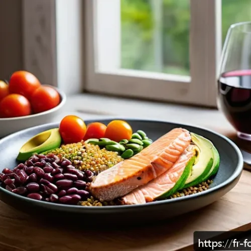 식물성 단백질과 동물성 단백질 비교 - A vibrant and detailed still life scene showcasing a balanced flexitarian meal on a rustic wooden ta...