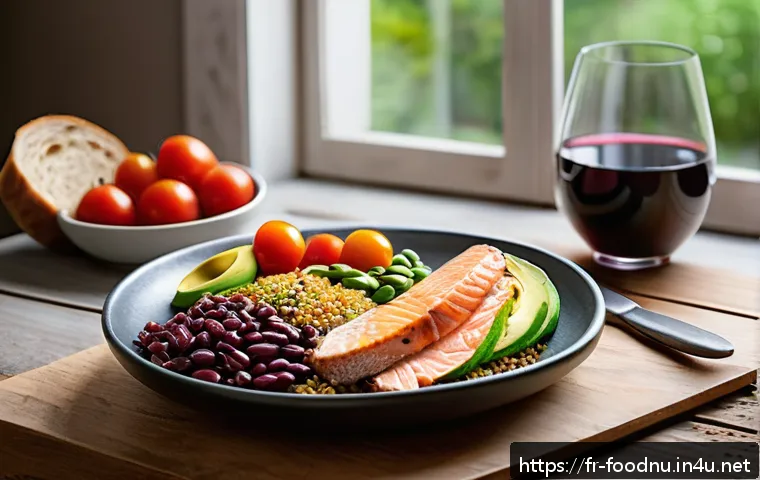 식물성 단백질과 동물성 단백질 비교 - A vibrant and detailed still life scene showcasing a balanced flexitarian meal on a rustic wooden ta...