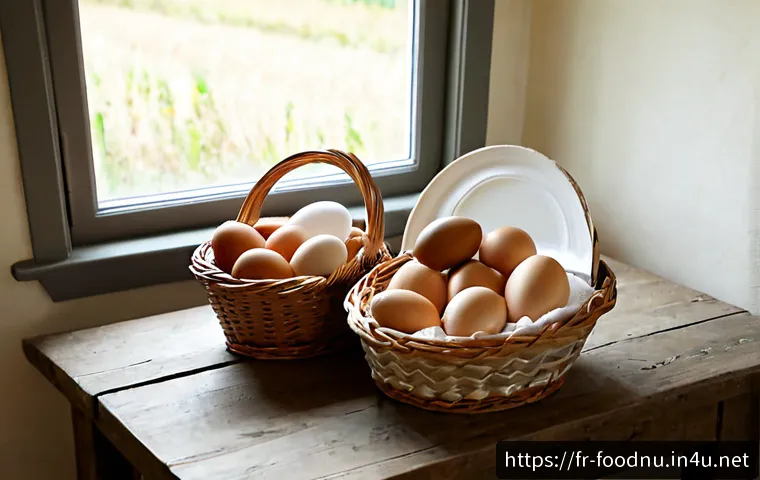유기농 식품과 일반식품 비교 - Photorealistic overhead comparison of two neatly arranged French grocery baskets on a rustic kitchen...